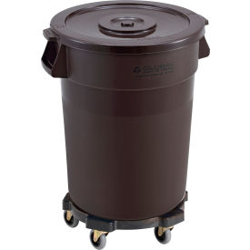 Global Industrial™ Plastic Trash Can with Lid & Dolly - 32 Gallon Brown
