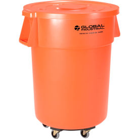 Global Industrial™ Plastic Trash Can with Lid & Dolly - 55 Gallon Bright Orange
