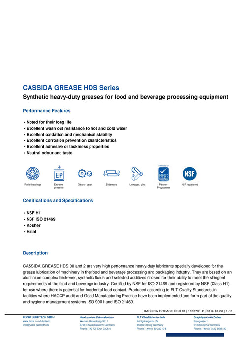 CASSIDA GREASE HDS 2 - .88LB (.4KG) Cartridges (Case of 12)- NOT AVAILABLE UNTIL APRIL