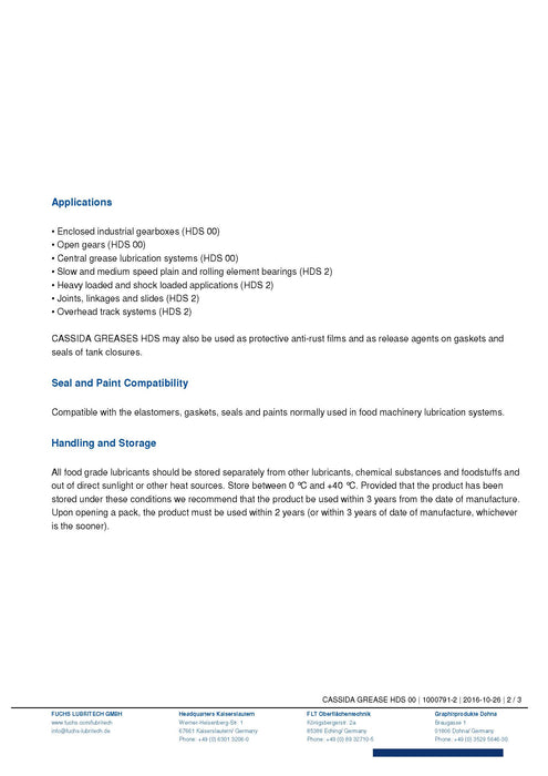 CASSIDA GREASE HDS 2 - .88LB (.4KG) Cartridges (Case of 12)- NOT AVAILABLE UNTIL APRIL