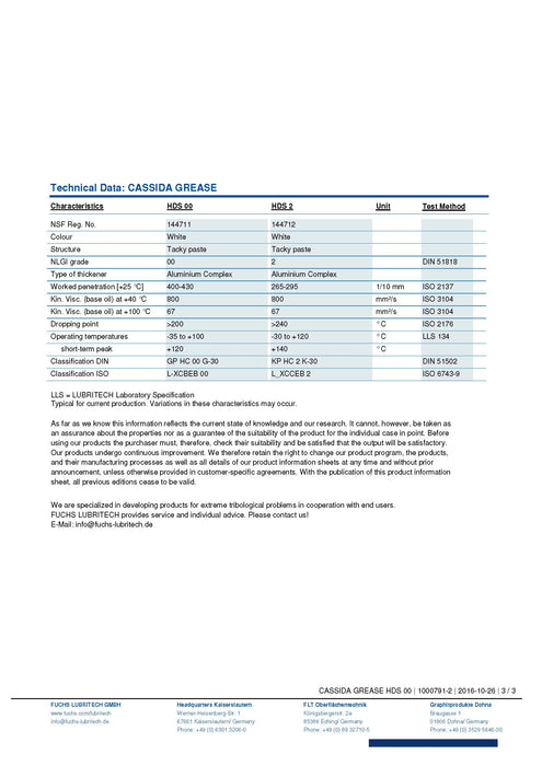 CASSIDA GREASE HDS 2 - .88LB (.4KG) Cartridges (Case of 12)- NOT AVAILABLE UNTIL APRIL