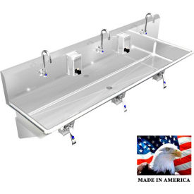 BSM Inc. Stainless Steel Sink, 3 User w/Knee Valve Operated Faucets, Wall Brackets 72"L X 20"W X 8"D