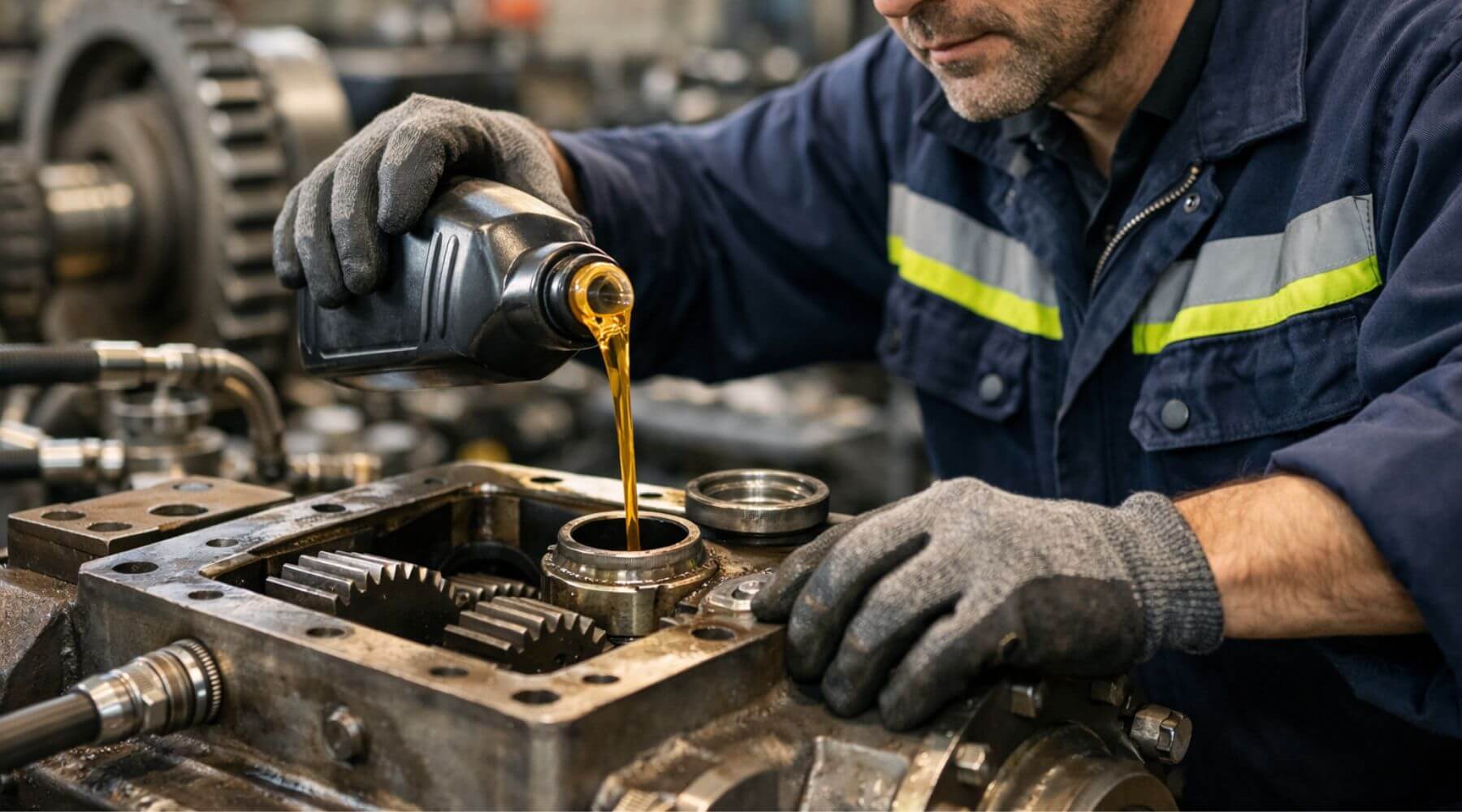 Technician pouring oil into a mechanical component