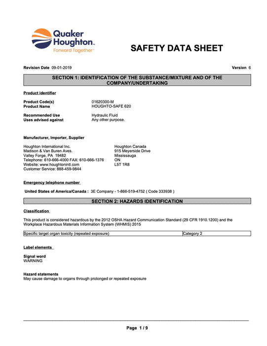 Houghton Safe 620 Hydraulic Fluid - 55 Gallon Drum